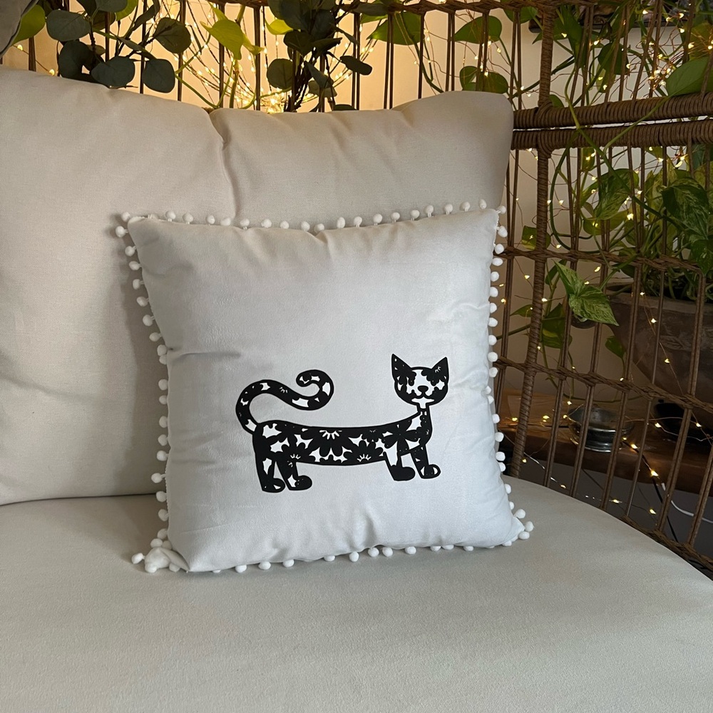 White Pillow case with Black Cat Design